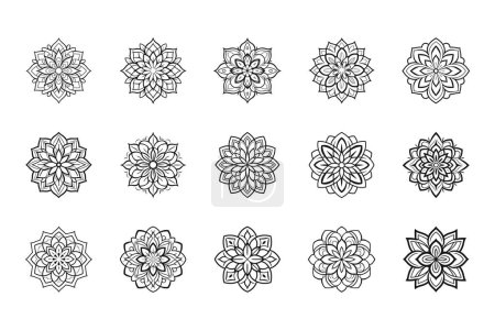 Ilustración de Estilo indio mandalas línea monocromática arte ornamentos decorativos vector ilustración conjunto de quince - Imagen libre de derechos