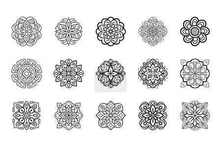Téléchargez les illustrations : Mandalas style indien monochrome ligne art ornements décoratifs vectoriel illustration ensemble de quinze - en licence libre de droit