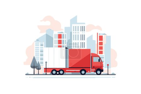 Illustration for Embrace the dynamic cityscape with this captivating flat style vector illustration, depicting a freight truck on a city street bordered by impressive skyscrapers and city apartments - Royalty Free Image