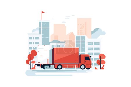Illustration for Embrace the dynamic cityscape with this captivating flat style vector illustration, depicting a freight truck on a city street bordered by impressive skyscrapers and city apartments - Royalty Free Image