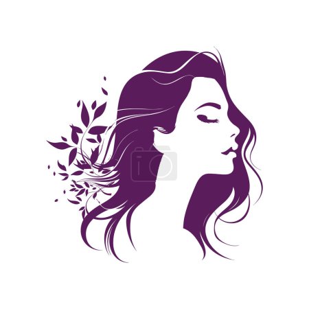 Illustration for Infuse charm and natural beauty into your women's fashion clothing brand with this vector logo design featuring a woman headshot complemented by curly hair, flowers, and leaves. - Royalty Free Image