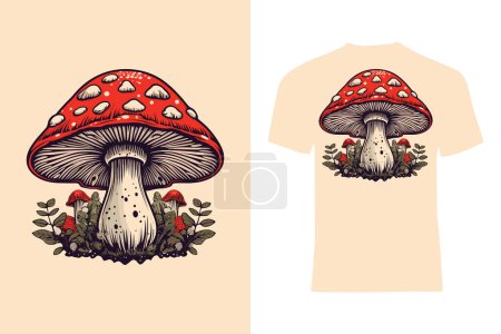 Ilustración de Enorme hongo con sus pequeñas versiones y algunas hojas vector estilo camiseta diseño arte ilustración - Imagen libre de derechos