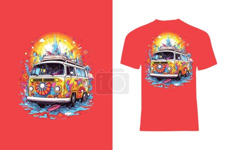 Téléchargez les illustrations : Son design abstrait de t-shirt d'art mettant en vedette un mini bus coloré. Parfait pour les amateurs de voyage à la recherche d'un look unique et dynamique - en licence libre de droit