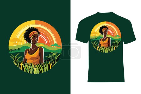 Ilustración de Una joven mujer negra con una diadema está de pie en medio de un campo de grano disfrutando del diseño de la camiseta de estilo vectorial al atardecer. - Imagen libre de derechos