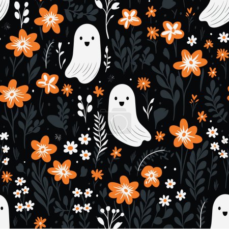 Téléchargez les illustrations : Motif vectoriel sur fond noir, mettant en vedette des éléments charmants comme les fantômes, les plantes et les fleurs, créant une tapisserie visuelle enchanteresse. - en licence libre de droit
