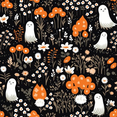 Illustration for Vector pattern on a black backdrop, featuring charming elements like ghosts, plants, and flowers, creating an enchanting visual tapestry. - Royalty Free Image