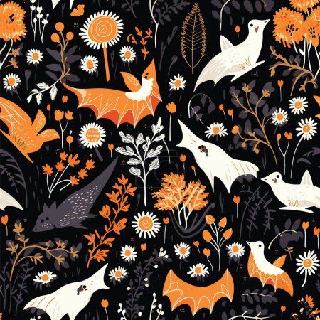 Illustration for Vector pattern on a black backdrop, featuring charming elements like ghosts, plants, and flowers, creating an enchanting visual tapestry. - Royalty Free Image