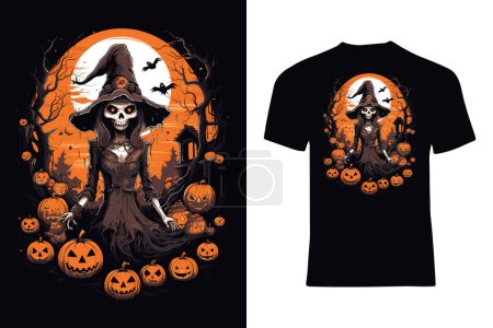 Illustration for Halloween theme with skull, pumpkins, vampires, bats, vector style t-shirt design in yellow on white color t-shirt - Royalty Free Image