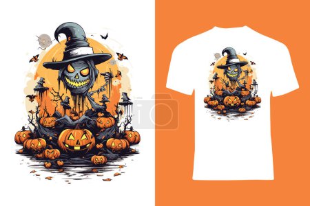 Téléchargez les illustrations : Thème d'Halloween avec crâne, citrouilles, vampires, chauves-souris, design de t-shirt de style vectoriel en jaune sur t-shirt de couleur blanche - en licence libre de droit