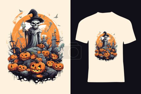 Illustration for Halloween theme with skull, pumpkins, vampires, bats, vector style t-shirt design in yellow on white color t-shirt - Royalty Free Image