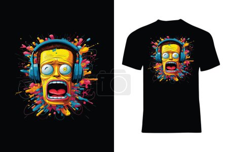 Ilustración de Diseño abstracto de camiseta estilo vector de dibujos animados con cabeza masculina con auriculares y expresión facial extraña - Imagen libre de derechos