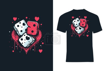 Illustration for Combine luck and love with this charming t-shirt print design. A dice embellished with hearts floats amidst a backdrop of heart shapes, making for a delightful and romantic vector pattern. - Royalty Free Image