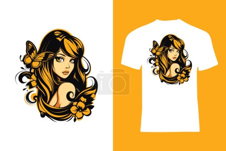 Illustration for This comic-style vector t-shirt design showcases a delightful young girl with curly hair and an enchanting butterfly, creating a sweet and captivating illustration. - Royalty Free Image