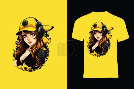 Illustration for This comic-style vector t-shirt design showcases a delightful young girl with curly hair and a tennis cap, creating a sweet and captivating illustration. - Royalty Free Image