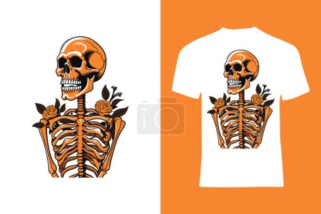 Illustration for Unleash your creativity with this vector t-shirt design featuring an orange skeleton torso adorned with charming flowers on the shoulder. A distinctive choice for fashion-forward individuals. - Royalty Free Image