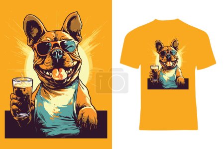 Illustration for Elevate your fashion game with this vector t-shirt design that captures a stylish pit bull dog sporting sunglasses while confidently holding a cola glass. A fun and bold statement piece. - Royalty Free Image