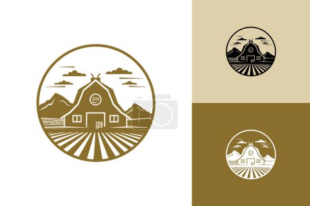 Illustration for Evoke the charm of a countryside farmhouse with this monochrome vector logo. Featuring a large farm, barn, rolling hills, and clouds, it embodies the tranquility of rural living. - Royalty Free Image