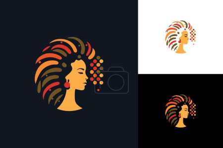 Téléchargez les illustrations : Capturez l'essence de la créativité africaine avec cette conception de logo mettant en vedette la tête d'une puissante femme noire. Parfait pour une société de production innovante. - en licence libre de droit