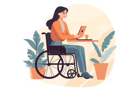 Illustration for This conceptual vector art celebrates self-confidence as a young woman in a wheelchair fearlessly works on her computer. Symbolizing strength and determination. - Royalty Free Image