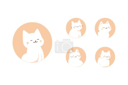 Illustration for A charming flat vector logotype set of 5 featuring a delightful white cat on a seashell backdrop, symbolizing dedicated pet care solutions. - Royalty Free Image