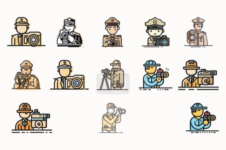 Illustration for Explore this vector set of thick line art icons depicting an inspector engaged in investigation and inspection tasks with a camera. - Royalty Free Image
