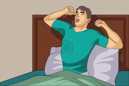 Young man waking up in the morning from the bed stretching his arms and yawn and prepare himself for fresh start, simple flat vector illustration