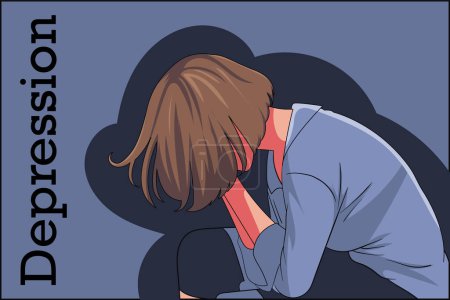 Illustration for Short-haired girl covers her face with both hands, suffering from depression flat simple minimalist vector art illustration - Royalty Free Image