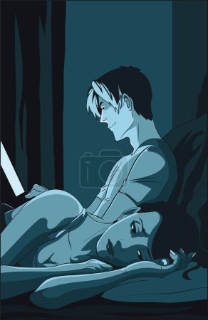 Illustration for Husband staying up at night working on laptop, wife lying back waiting, Marital relationship problems flat simple vector illustration - Royalty Free Image