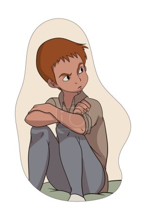 This flat comic-style vector portrait Depicting a rebellious teenage boy sitting in rage with vivid facial expressions, simple flat comic style vector portrait illustration