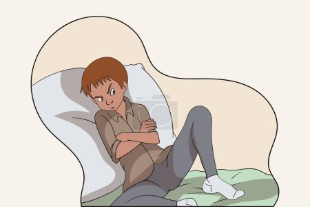 This flat comic-style vector portrait Depicting a rebellious teenage boy sitting in rage with vivid facial expressions, simple flat comic style vector portrait illustration