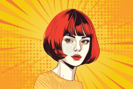 Illustration for Experience the allure of pop art with this stylish illustration. Featuring a beautiful girl with short red hair in dynamic line strokes, it adds a vibrant touch to your projects. - Royalty Free Image