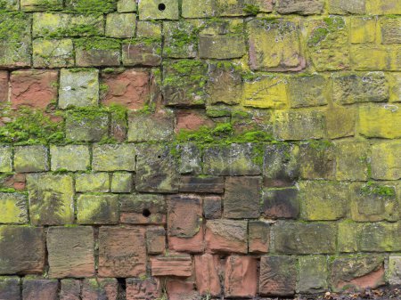 Téléchargez les photos : Haut mur de grès recouvert de mousse et de lichens - en image libre de droit