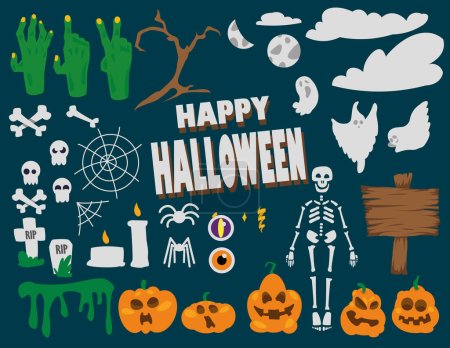 Téléchargez les illustrations : Set halloween flat design, éléments crâne, squelette, nuages, mains zombies, éléments halloween - en licence libre de droit