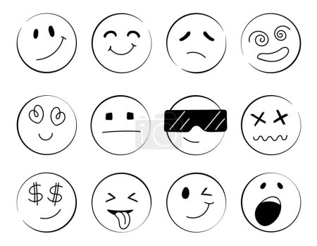 Téléchargez les illustrations : Ensemble d'icônes de visage Emoji Doodle. Visages ronds. Emoji avec différentes humeurs émotionnelles, heureux, triste, visage souriant. Illustration vectorielle de bande dessinée. - en licence libre de droit
