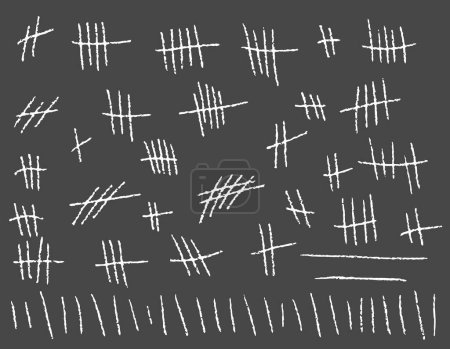 Illustration for Tally mark.A set of strokes, a count of marks is counted. Chalk on a gray background sticks the line counter on the wall. Vector hashes icons for prisons or desert islands, countdown, waiting. Vector chalk texture design - Royalty Free Image
