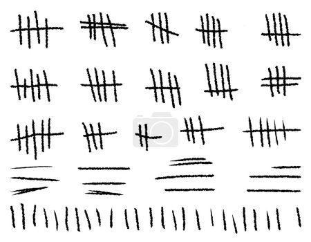 Illustration for A set of strokes, a count of marks is counted. Chalk on a white background sticks the line counter on the wall. Vector hashes icons for prisons or desert islands, countdown, waiting. Vector chalk texture design - Royalty Free Image