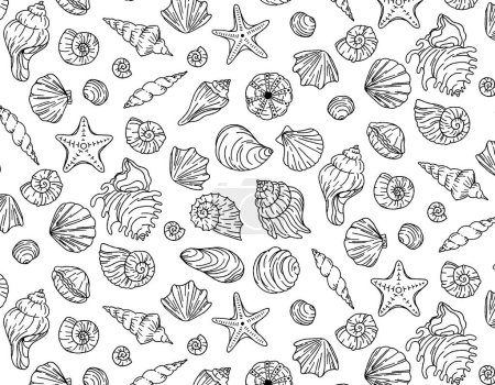 Téléchargez les photos : Coquilles de mer fond vectoriel sans couture noir et blanc. Graphiques vectoriels pour impression textile, papier - en image libre de droit