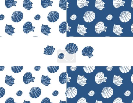 Illustration for Set of seamless vector pattern with blue sea shells. Hand drawn vintage sketch of engraving elements. Marine background. Can be used for packaging, paper, wallpaper. Vector graphics for print. - Royalty Free Image