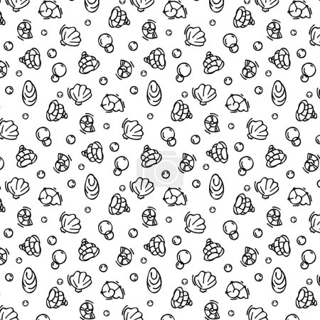 Illustration for Seashell pattern in doodle style, black outline sketch of isolated elements on white background for design template. Ocean flora - Royalty Free Image