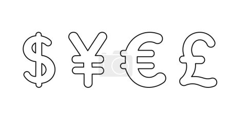 Currency icons on a white background. Collection of currency symbols - dollar, euro, pound, . Cash icon. Currency exchange symbol. Finance symbol. currency symbol. Bank payment symbol.