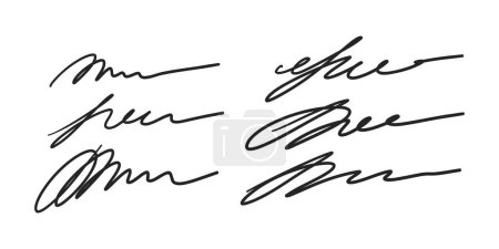 Conjunto falso de muestras autógrafas. Firmas manuscritas, certificados y contratos en muestras de tinta de documentos y cartas manuscritas. Gráficos vectoriales de negocio