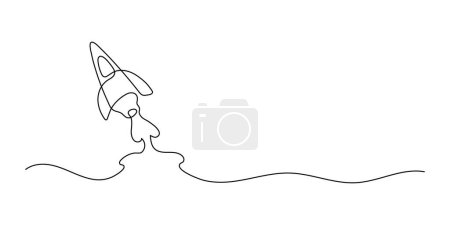 One solid line drawing of a simple flying spaceship. Rocket spaceship launch into the universe concept. Dynamic one line draw design vector graphic illustration
