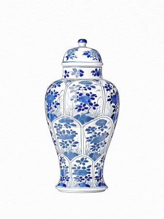 Frascos de jengibre de porcelana china azul y blanca sobre fondo blanco.