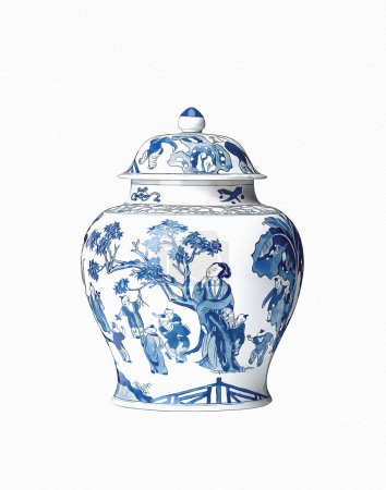 Frascos de jengibre de porcelana china azul y blanca sobre fondo blanco.