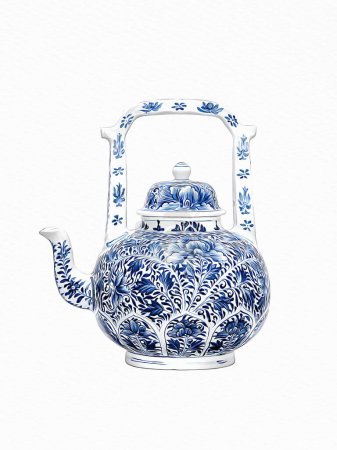 Blue and white chinese porcelain teapot on white background.