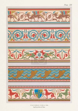 Foto de Bandas medievales y bordes en colores ricos. Diseños de animales. Dragones, aves, peces y leones. - Imagen libre de derechos