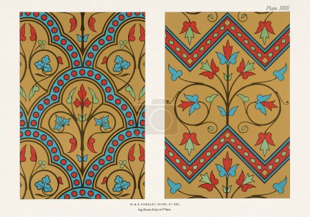 Patrones florales medievales en ricos colores sobre motivos dorados.