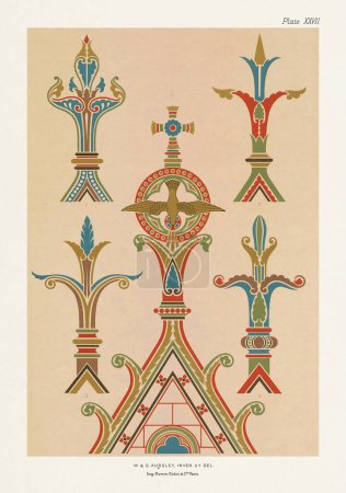 Foto de Diseños medievales. Finiales, crockets y molduras en colores vivos y oro - Imagen libre de derechos