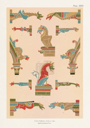 Foto de Diseños medievales. Adornos de animales. Dragones y aves en colores ricos y oro - Imagen libre de derechos