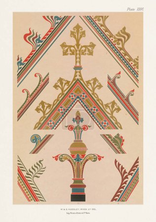 Foto de Diseños medievales. Finiales, crockets y molduras en colores vivos y oro - Imagen libre de derechos